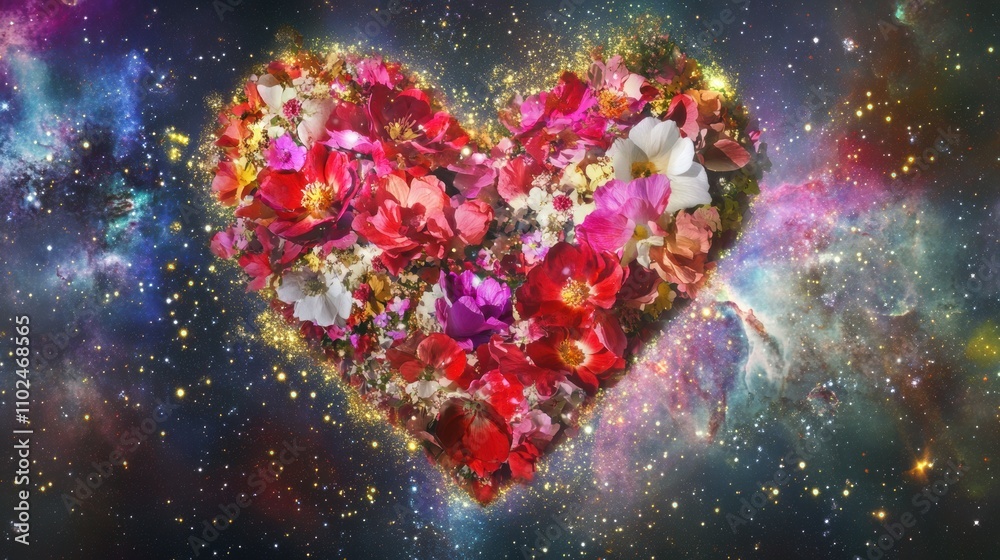 A cosmic heart crafted from vibrant flowers, blending red, pink, and white petals, floating amidst sparkling stars and swirling nebulae, evoking celestial romance and beauty. A cosmic heart crafted from vibrant flowers, blending red, pink, and white petals, floating amidst sparkling stars and swirling nebulae, evoking celestial romance and beauty.