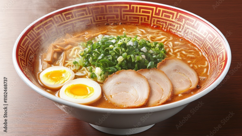 Delicious bowl of ramen with pork, egg, and green onion garnish