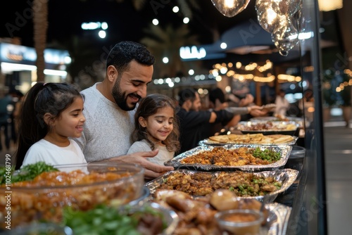 A father eagerly examines a variety of delicious foods with his two daughters at a lively food counter, showcasing family moments and culinary delights in a vibrant setting. photo