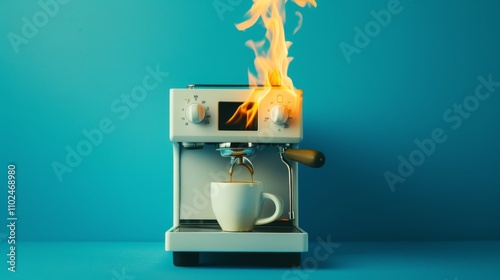 A coffee machine bursts into flames, contrasting dramatically with the vivid blue background, creating a surreal and eye-catching image. Perfect for conceptual and abstract projects. AI generated.