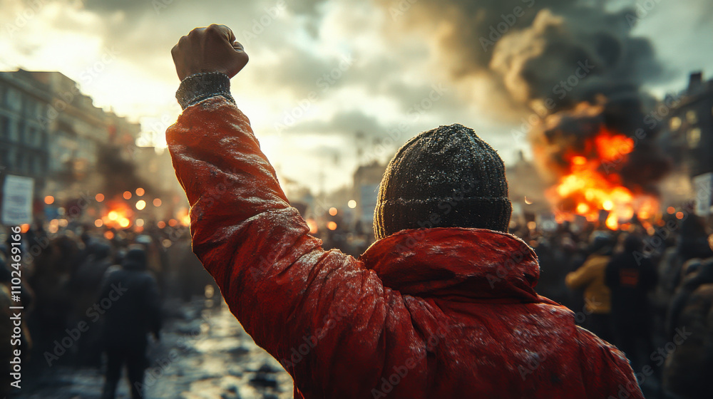 A crowd stands defiantly in a protest, illuminated by flames during an intense evening rally in the city streets A crowd stands defiantly in a protest, illuminated by flames during an intense evening rally in the city streets