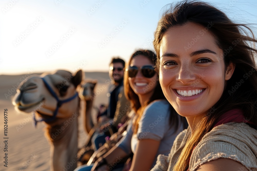 A cheerful group of friends enjoys a camel ride under a stunning sunset in the desert, capturing the joy of friendship and adventure in a picturesque landscape. A cheerful group of friends enjoys a camel ride under a stunning sunset in the desert, capturing the joy of friendship and adventure in a picturesque landscape.