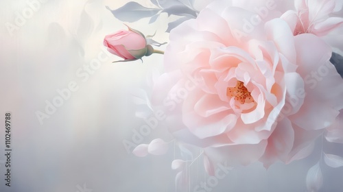 An abstract oil painting of a blooming rose with pink and white petals on a soft gray background