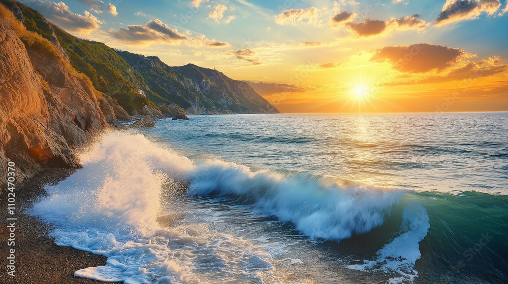 Obraz premium Breathtaking sunset over rocky coastline with crashing waves and vibrant sky