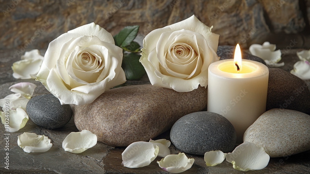 Decorative candles with white roses and petals on stones, relaxing and tranquil setting, soft light,