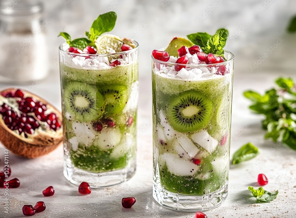 Refreshing kiwi and pomegranate cocktails with coconut and mint garnish. Refreshing kiwi and pomegranate cocktails with coconut and mint garnish.