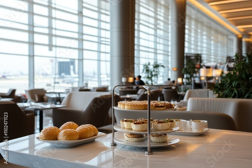 A beautifully arranged tiered stand filled with assorted baked goods, showcasing a delightful assortment of pastries and enhancing the café experience for guests. photo