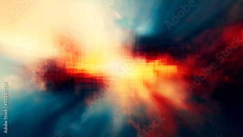 Abstract digital glitch background with a blurred cityscape and sunrise  creating an atmosphere of motion blur and energy in the urban landscape.