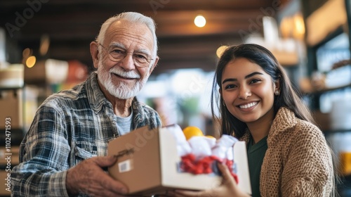 a white elderly man and a young Hispanic woman volunteering at a community event, handing out supplies with warm smiles, indoor lighting,