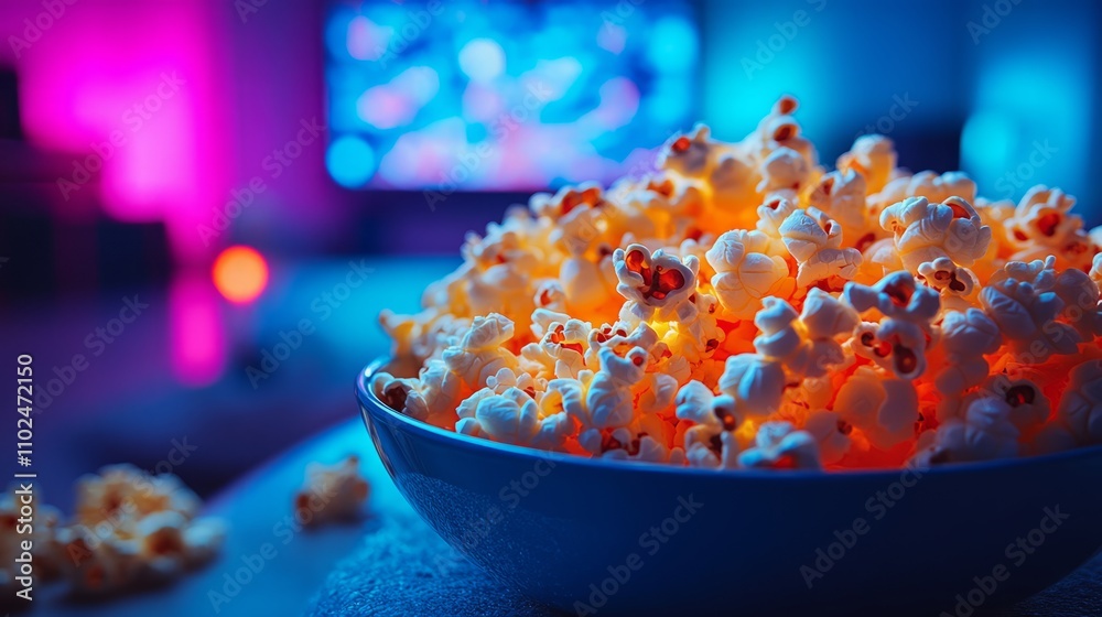 A bowl filled with fluffy popcorn sits invitingly, illuminated by colorful ambient lights as a movie plays in the background, creating a cozy atmosphere A bowl filled with fluffy popcorn sits invitingly, illuminated by colorful ambient lights as a movie plays in the background, creating a cozy atmosphere