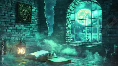 Grand castle room at night with a warm fireplace and full moon shining through the window  
Seamless looping 4k time-lapse virtual video animation Generated AI