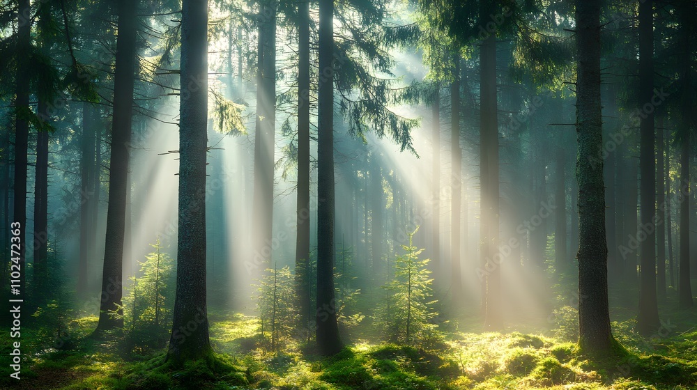 Naklejka premium Pine forest with sunlight or sunbeam