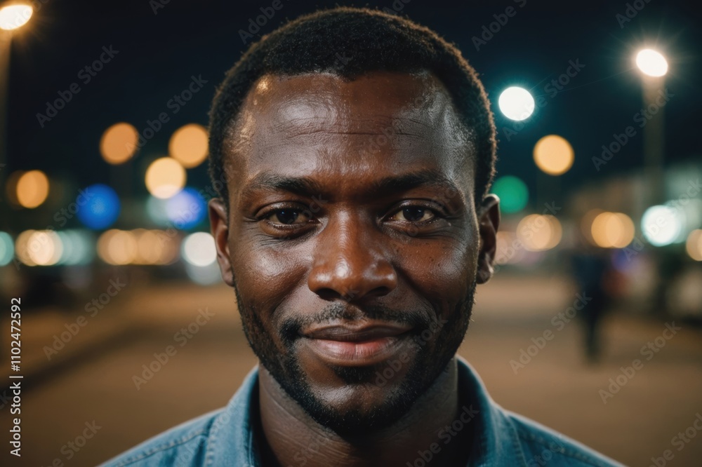 Close portrait of a smiling 40s Ivorian man looking at the camera, Ivorian city outdoors at night blurred background Close portrait of a smiling 40s Ivorian man looking at the camera, Ivorian city outdoors at night blurred background