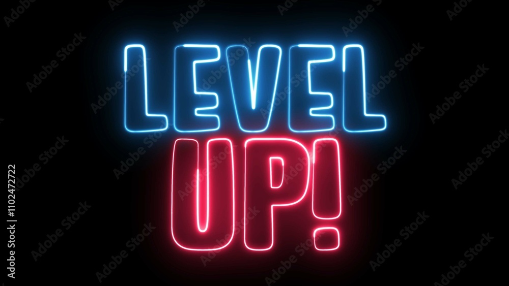 Level Up text font with neon light. Luminous and shimmering haze inside the letters of the text Level Up. Level Up neon sign.