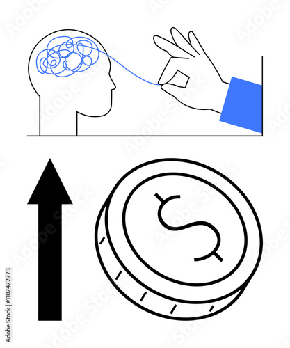 Human head with tangled thoughts being untangled by a hand, dollar coin, upward arrow. Ideal for mental health, financial planning, brainstorming, clarity, decision-making, personal growth business