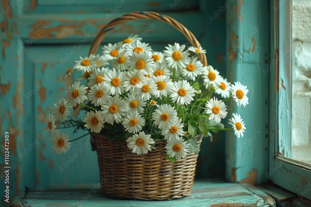 Still life with a bouquet of daisies in a basket on a green wooden blue background,. 