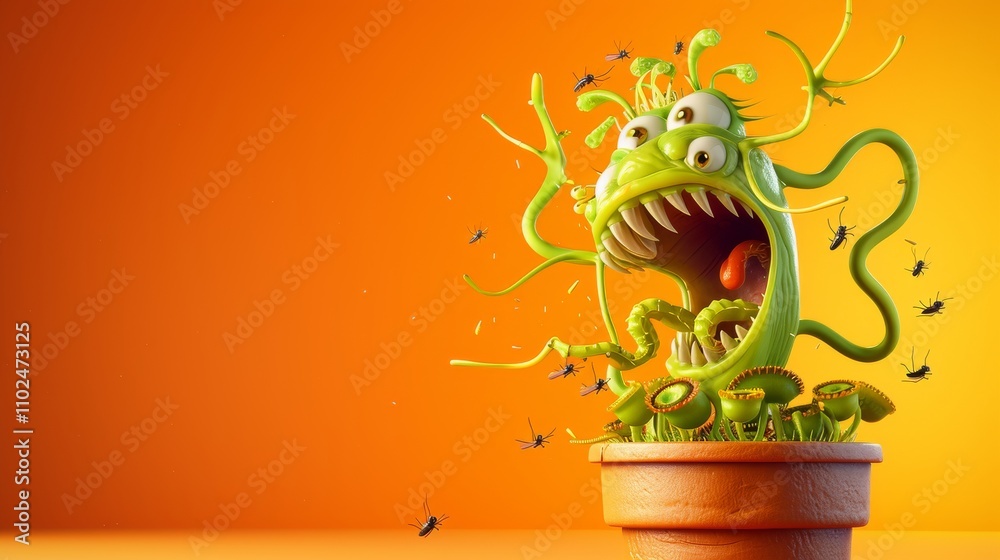A 3D cartoon plant with numerous eyes, a large fanged mouth, and surrounded by flies. The energetic composition and bright orange background create a fun, quirky vibe. AI generated.