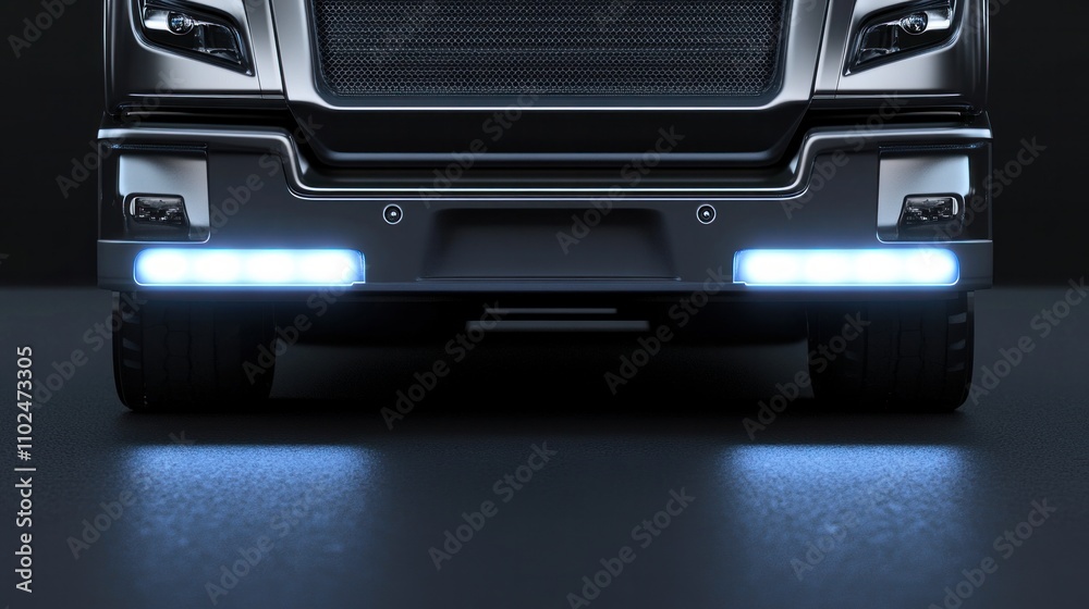 The imposing front view of a parked semi-truck used for road freight transport.

