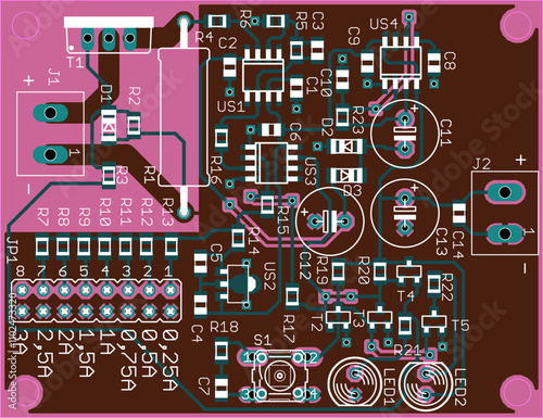 Vector printed circuit board of electronic device with components of radio elements, conductors and contact pads placed on pcb. Engineering technical educational drawing. Computer technic cad design.