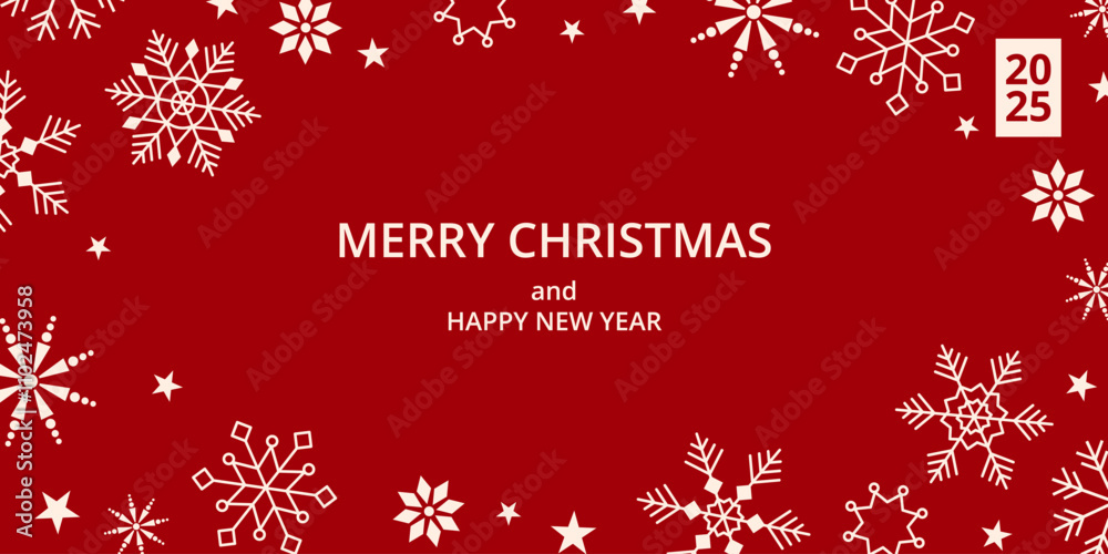 Greeting red Christmas background with white geometric snowflakes and text. Flat vector illustration in minimal style. For advertising, poster, invitation, cover, label. Happy New Year concept. Greeting red Christmas background with white geometric snowflakes and text. Flat vector illustration in minimal style. For advertising, poster, invitation, cover, label. Happy New Year concept.