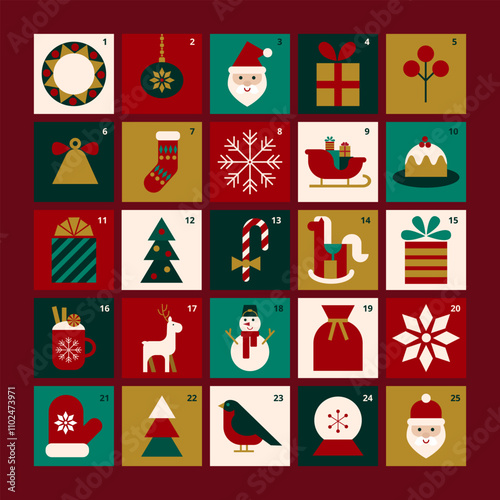 Merry Christmas advent calendar with minimalists festive symbols. Simple geometric icons. Stylized Santa, gifts, deer, sweet, snow, snowman, tree. Flat vector illustration. For poster, card, stickers.