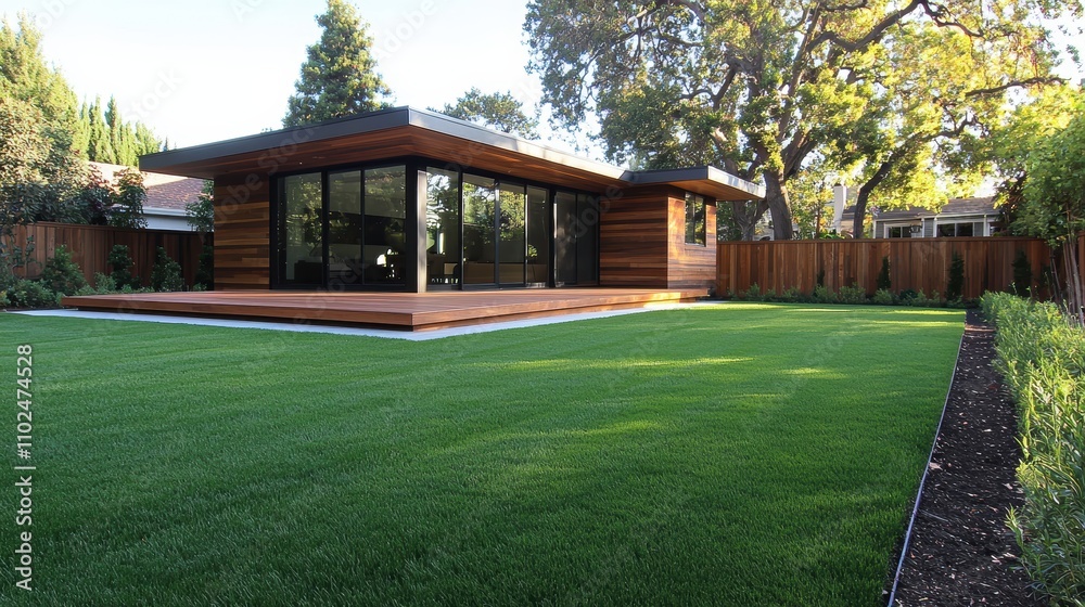 Fototapeta premium Modern Home Surrounded by Lush Green Lawn and Serenity