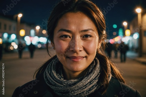 Close portrait of a smiling 40s Kyrgyz woman looking at the camera, Kyrgyz city outdoors at night blurred background photo