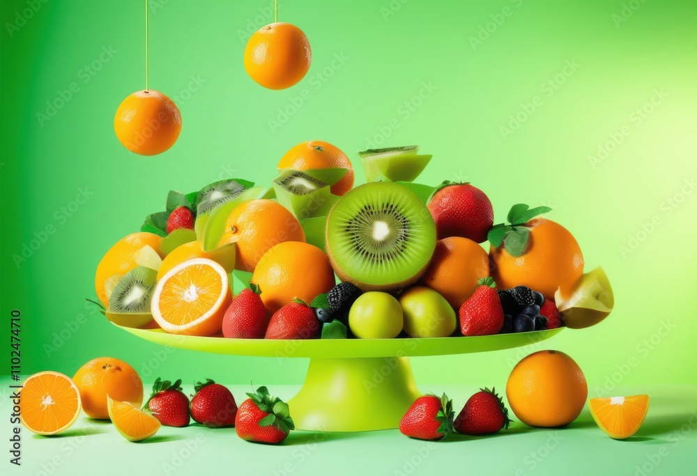 vibrant colorful floating fruit arrangement bright background evoking fresh fun atmosphere, centerpiece, display, decor, citrus, berries, apples, pears vibrant colorful floating fruit arrangement bright background evoking fresh fun atmosphere, centerpiece, display, decor, citrus, berries, apples, pears