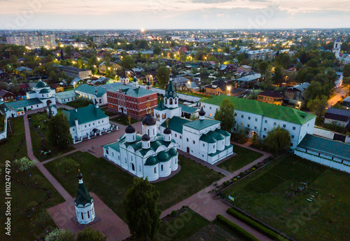 Panoramic night cityscape with Transfiguration monastery in Russian city Murom photo