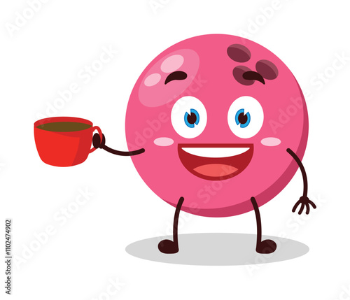 cute cheerful expression of pink bowling ball character carry cup of coffee