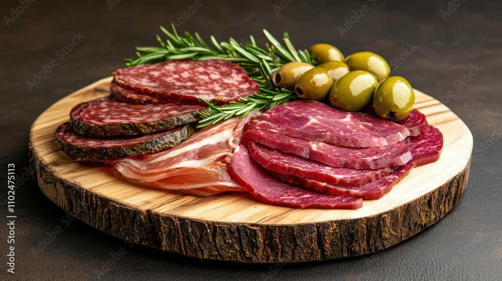 Artisanal Charcuterie Board Featuring Cured Meats, Olives, and Fresh Herbs Artisanal Charcuterie Board Featuring Cured Meats, Olives, and Fresh Herbs