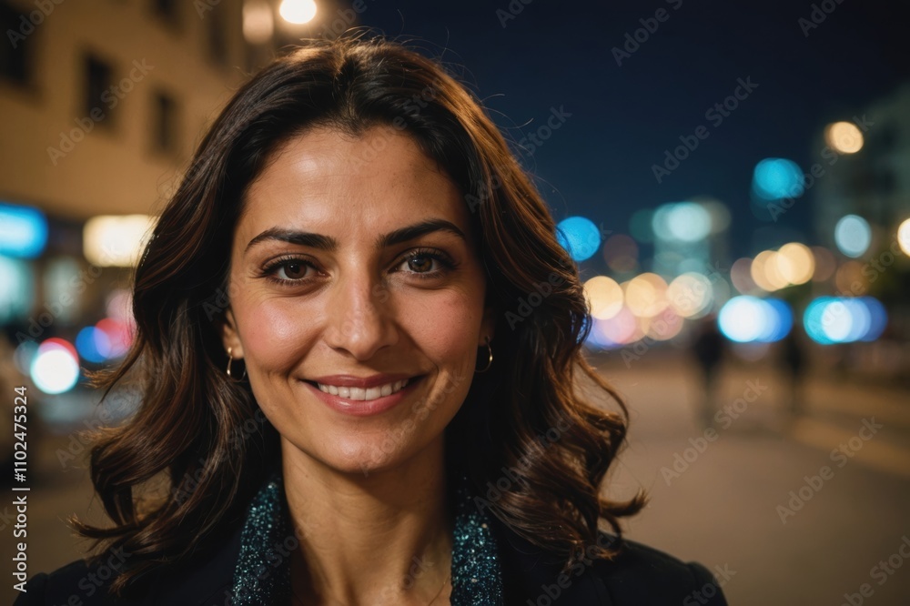 Close portrait of a smiling 40s Lebanese woman looking at the camera, Lebanese city outdoors at night blurred background Close portrait of a smiling 40s Lebanese woman looking at the camera, Lebanese city outdoors at night blurred background