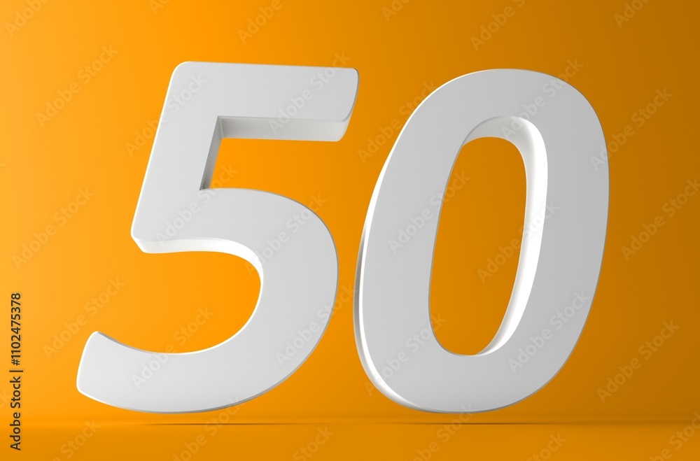 50. Number 50 in white on light yellow background. Fifty number 3d sign. 50. Number 50 in white on light yellow background. Fifty number 3d sign.
