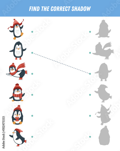 Find correct shadow of cute penguins. Educational logical game for kids. Christmas game. Cartoon funny penguin. Vector