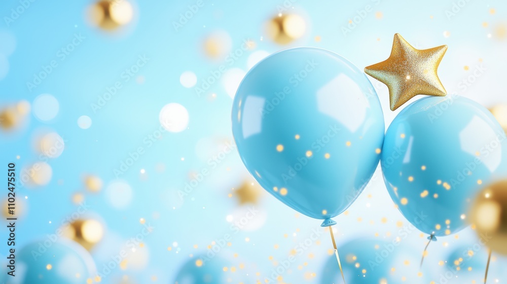 Festive Blue Balloons with Golden Star on a Bright Background