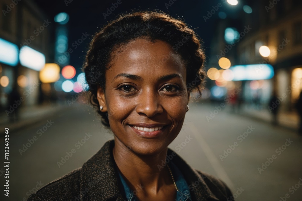 Close portrait of a smiling 40s Lesothan woman looking at the camera, Lesothan city outdoors at night blurred background Close portrait of a smiling 40s Lesothan woman looking at the camera, Lesothan city outdoors at night blurred background