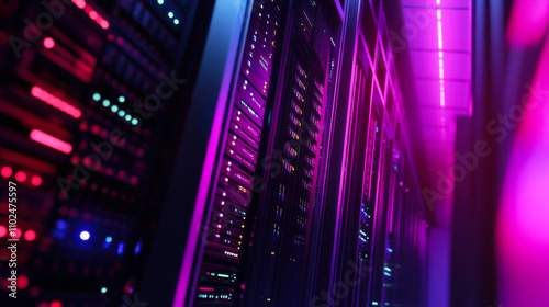 Vibrant server room illuminated in pink and purple lights showcasing advanced technology during a late-night operation