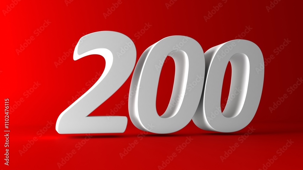 Number 200 in white on light red background, isolated number. Two hundred 3d number. Number 200 in white on light red background, isolated number. Two hundred 3d number.