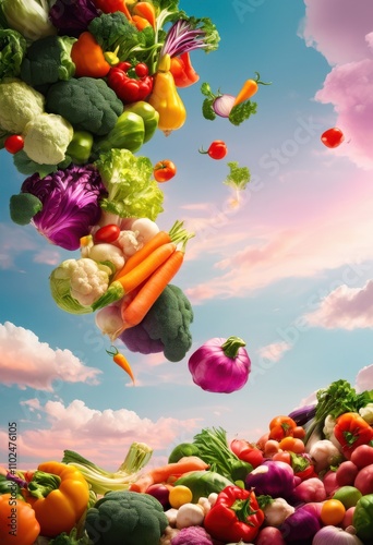 colorful vibrant vegetables floating mid air without any support capturing essence whimsical food artistry, carrot, pepper, tomato, cucumber photo