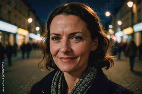 Close portrait of a smiling 40s Liechtensteiner woman looking at the camera, Liechtensteiner city outdoors at night blurred background photo