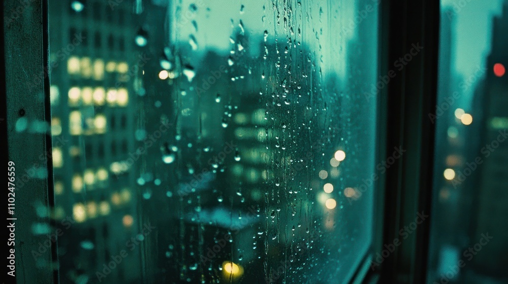 Fototapeta premium Rainy Cityscape Through a Window