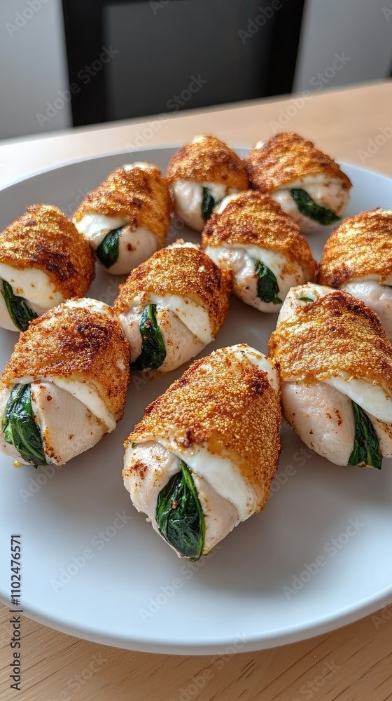 Grilled chicken wrap filled with fresh spinach and melted cheese, beautifully cut in half on a kitchen table, ready to enjoy