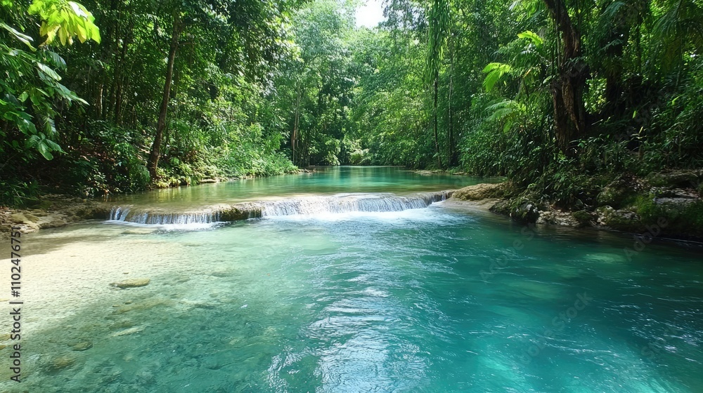 Serene turquoise river flowing through lush green rainforest.
