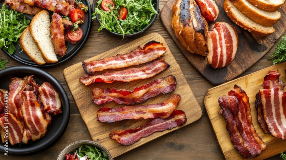 Delicious Cooked Bacon and Fresh Ingredients on Wooden Table Delicious Cooked Bacon and Fresh Ingredients on Wooden Table