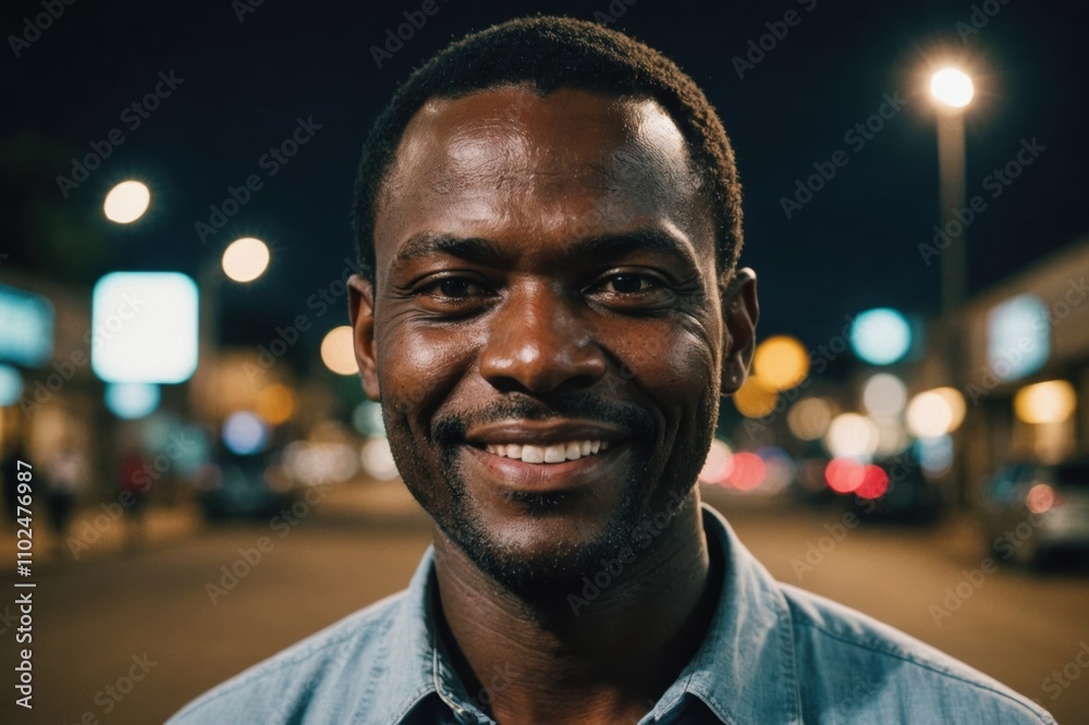 Close portrait of a smiling 40s Malawian man looking at the camera, Malawian city outdoors at night blurred background Close portrait of a smiling 40s Malawian man looking at the camera, Malawian city outdoors at night blurred background