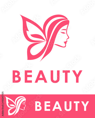 Elegant beauty logo design featuring a woman's face with butterfly-shaped hair