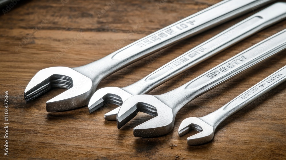 Various-sized wrenches laid out close-up on a wooden surface.
Various-sized wrenches laid out close-up on a wooden surface.