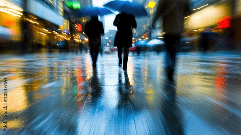 Rainy City Street with Blurred Pedestrians Rainy City Street with Blurred Pedestrians