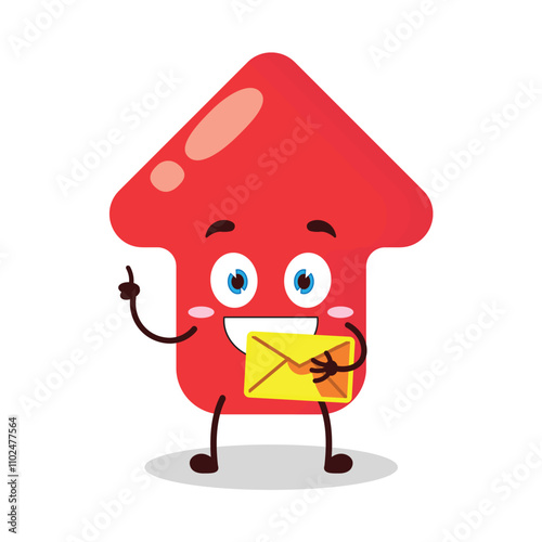 cute happy expression of red arrow cartoon character bring envelope letter