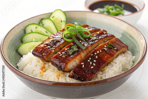 Japanese grilled eel served over rice or Unagi don set on plate photo